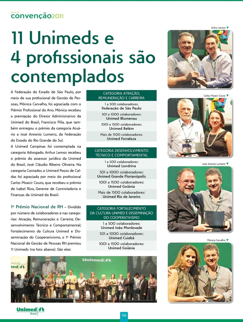 Mônica recebeu a premiação do Diretor Administrativo da Unimed do Brasil, Francisco Pilla, que também entregou o prêmio da categoria Atuário a José Antonio Lumertz, da Federação do Estado do Rio