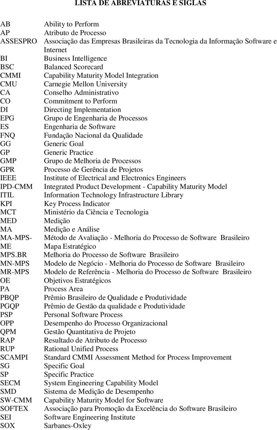 Engenharia de Processos ES Engenharia de Software FNQ Fundação Nacional da Qualidade GG Generic Goal GP Generic Practice GMP Grupo de Melhoria de Processos GPR Processo de Gerência de Projetos IEEE