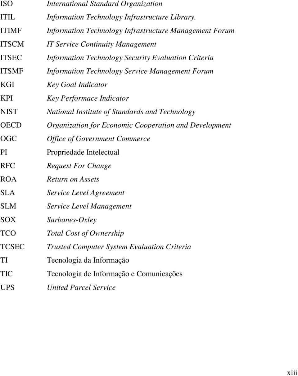 Indicator Key Performace Indicator National Institute of Standards and Technology Organization for Economic Cooperation and Development Office of Government Commerce Propriedade Intelectual Request