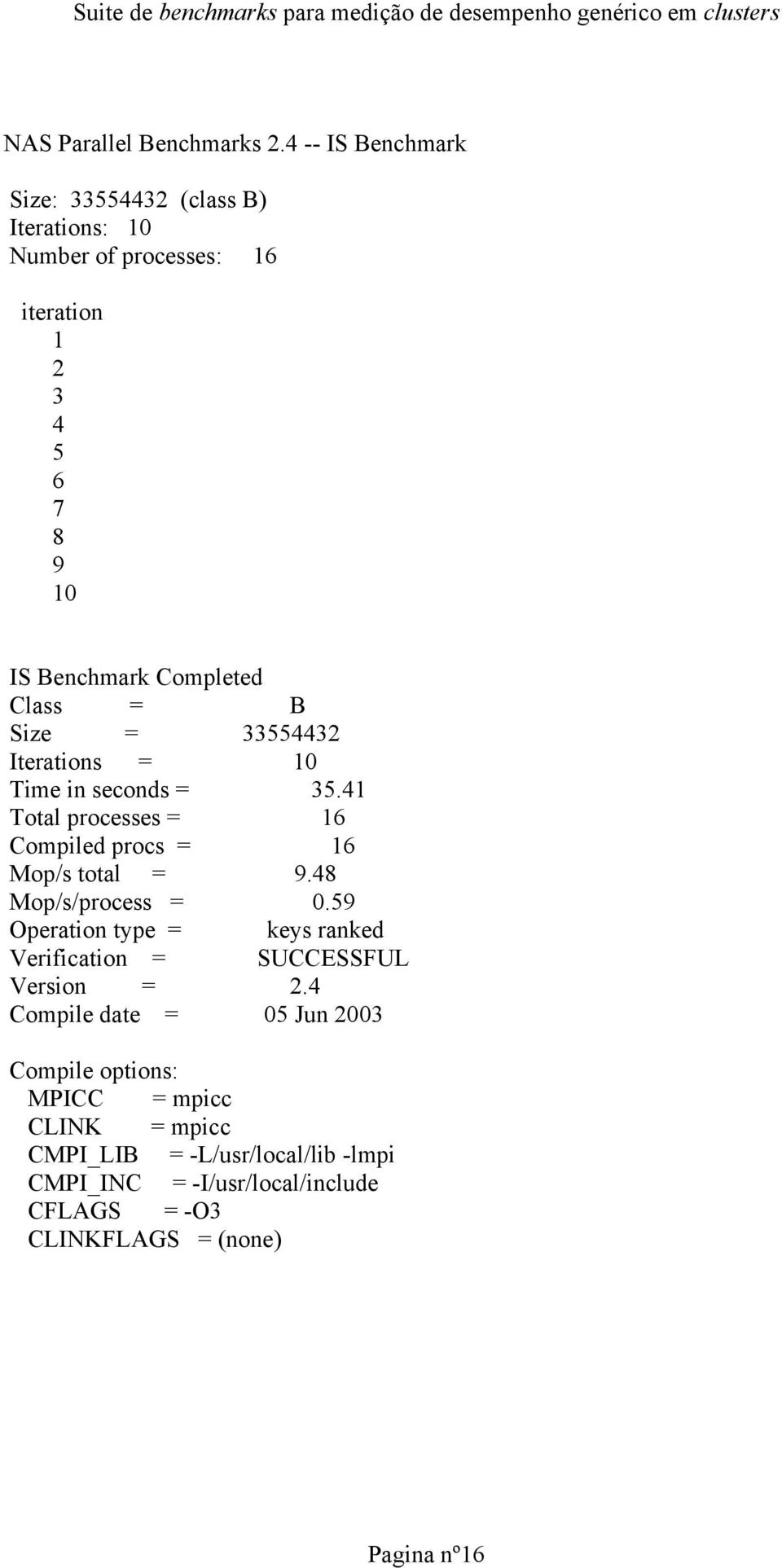 Class = B Size = 33554432 Iterations = 10 Time in seconds = 35.41 Total processes = 16 Compiled procs = 16 Mop/s total = 9.