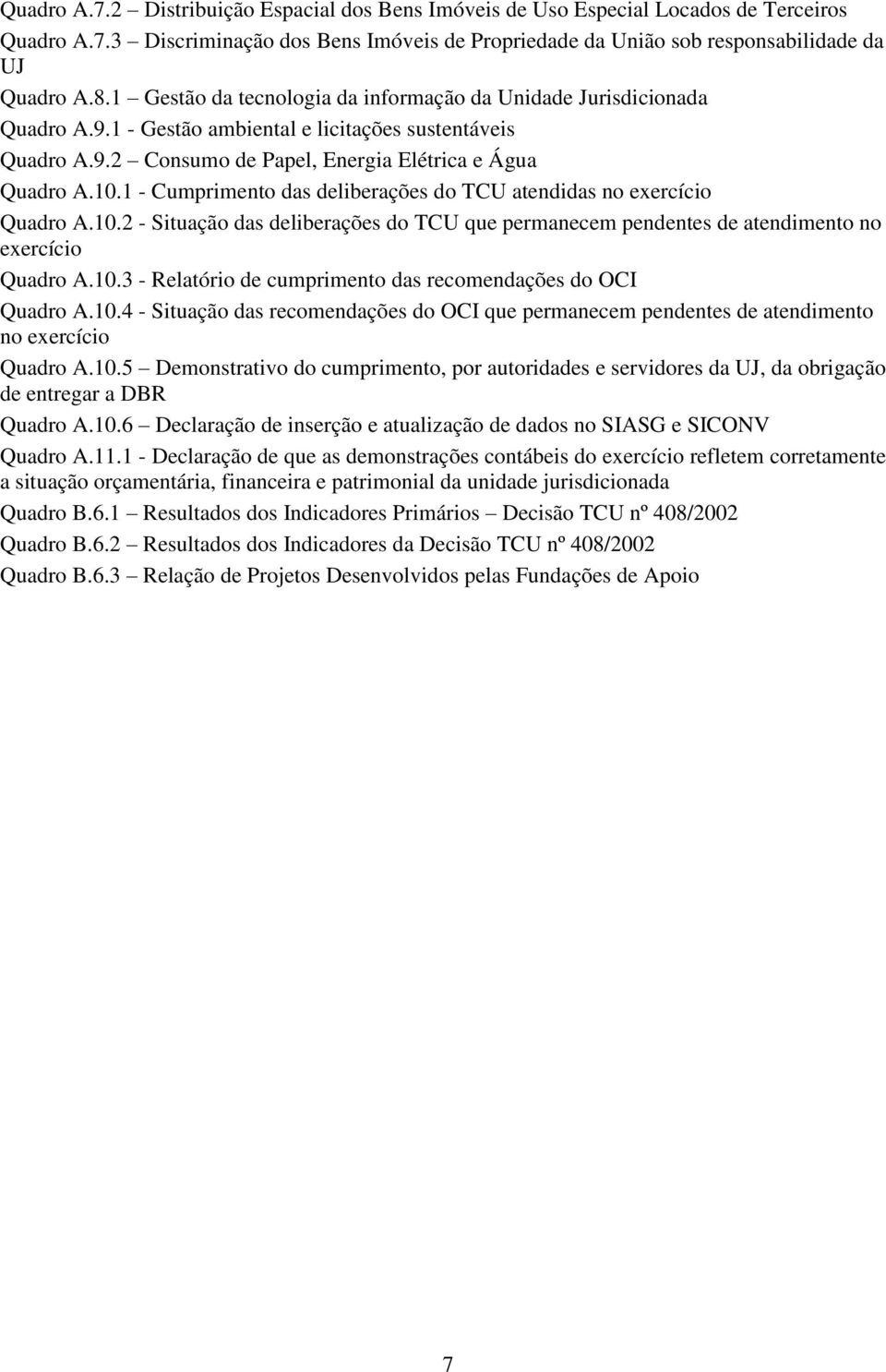 1 - Cumprimento das deliberações do TCU atendidas no exercício Quadro A.10.2 - Situação das deliberações do TCU que permanecem pendentes de atendimento no exercício Quadro A.10.3 - Relatório de cumprimento das recomendações do OCI Quadro A.