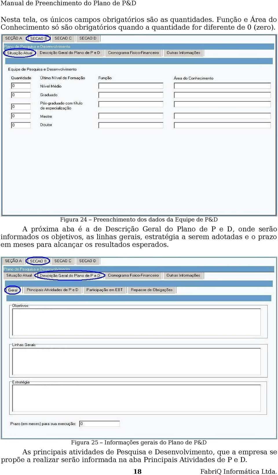 Figura 24 Preenchimento dos dados da Equipe de P&D A próxima aba é a de Descrição Geral do Plano de P e D, onde serão informados os objetivos, as