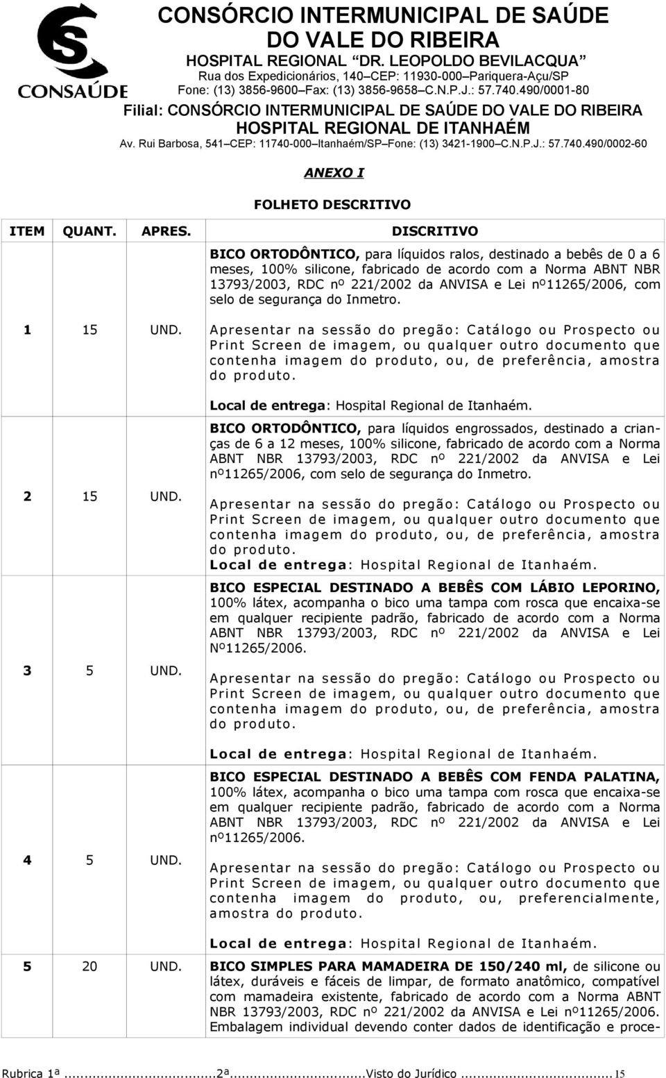 com selo de segurança do Inmetro. 1 15 UND. 2 15 UND. 3 5 UND. 4 5 UND. Local de entrega: Hospital Regional de Itanhaém.