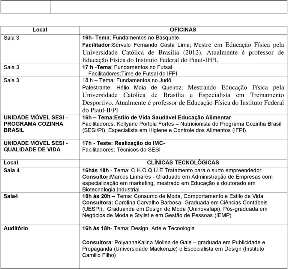 17 h -Tema: Fundamentos no Futsal Facilitadores:Time de Futsal do IFPI 18 h Tema: Fundamentos no Judô Palestrante: Hélio Maia de Queiroz; Mestrando Educação Física pela Universidade Católica de