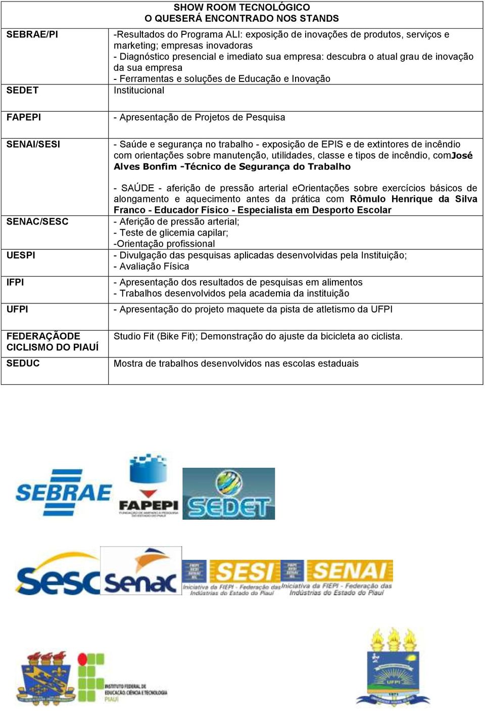 e Inovação Institucional - Apresentação de Projetos de Pesquisa - Saúde e segurança no trabalho - exposição de EPIS e de extintores de incêndio com orientações sobre manutenção, utilidades, classe e