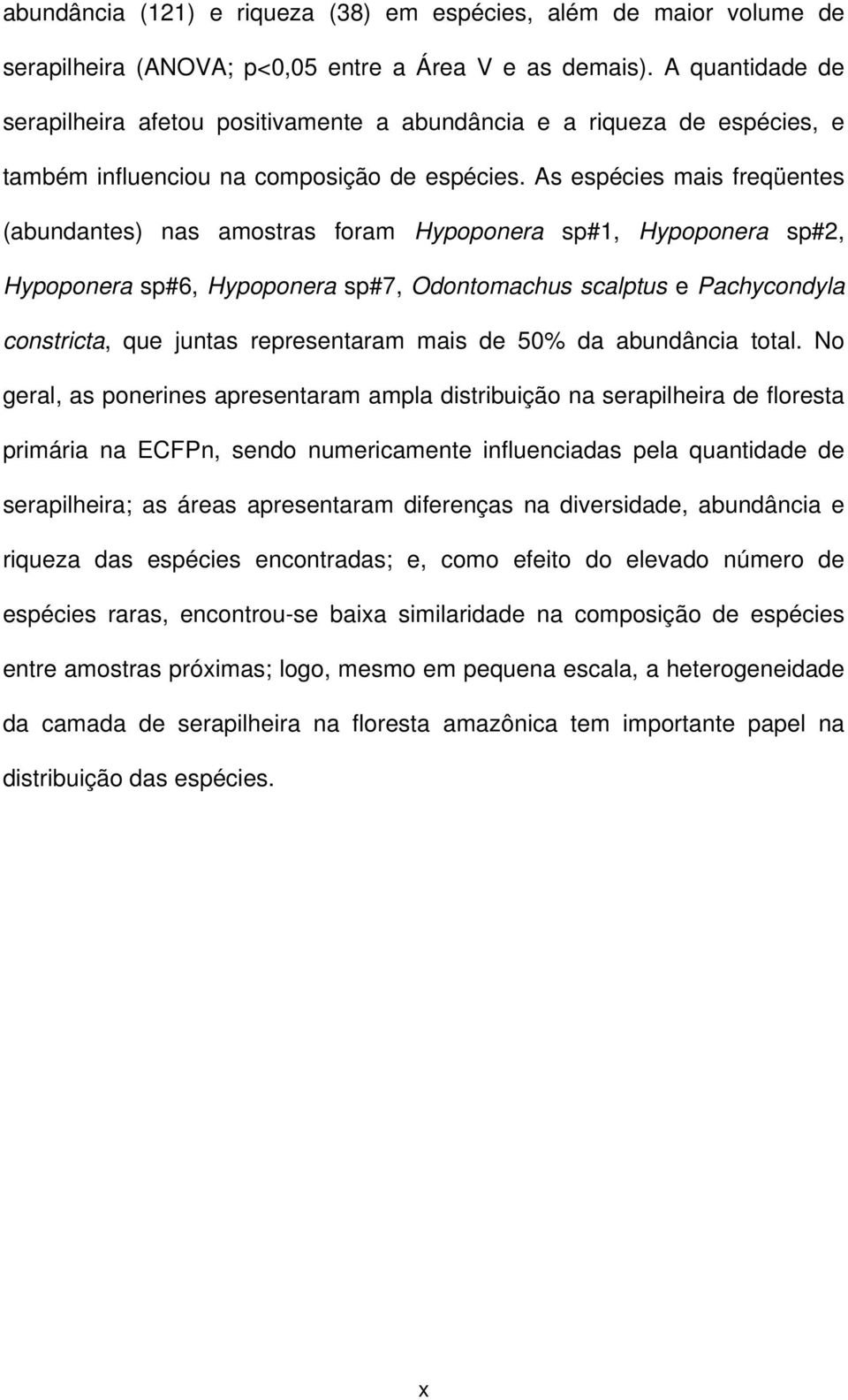 As espécies mais freqüentes (abundantes) nas amostras foram Hypoponera sp#1, Hypoponera sp#2, Hypoponera sp#6, Hypoponera sp#7, Odontomachus scalptus e Pachycondyla constricta, que juntas