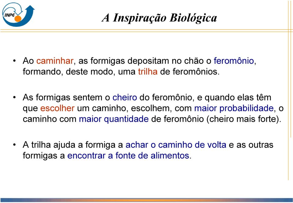 As formigas sentem o cheiro do feromônio, e quando elas têm que escolher um caminho, escolhem, com maior