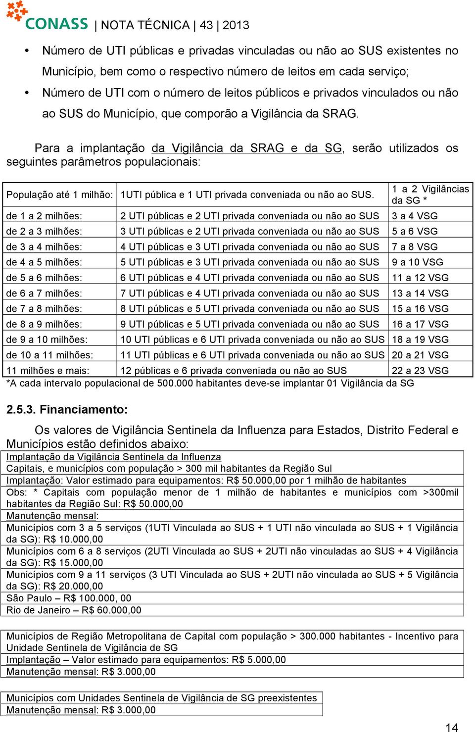 Para a implantação da Vigilância da SRAG e da SG, serão utilizados os seguintes parâmetros populacionais: População até 1 milhão: 1UTI pública e 1 UTI privada conveniada ou não ao SUS.