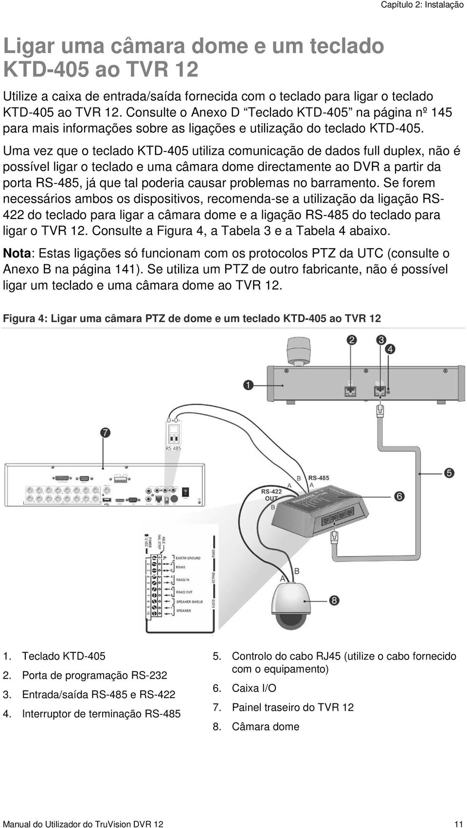 Uma vez que o teclado KTD-405 utiliza comunicação de dados full duplex, não é possível ligar o teclado e uma câmara dome directamente ao DVR a partir da porta RS-485, já que tal poderia causar