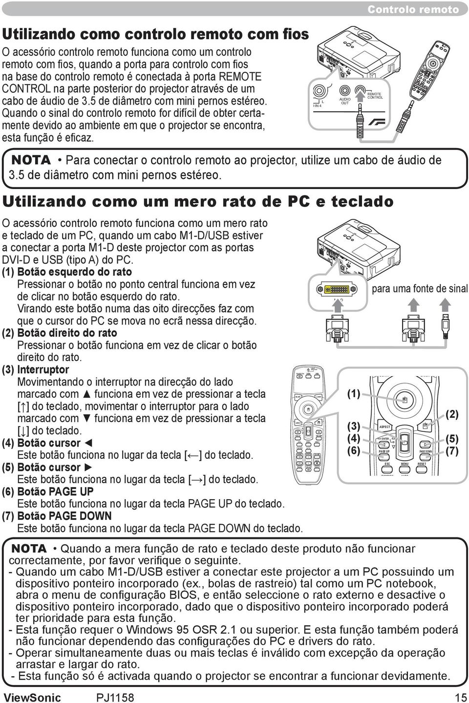 a porta para controlo com fios AUDIO IN 1 VIDEO AUDIO IN 2 na base do controlo remoto é conectada à porta REMOTE CONTROL na parte posterior do projector através de um S-VIDEO cabo de áudio de 3.