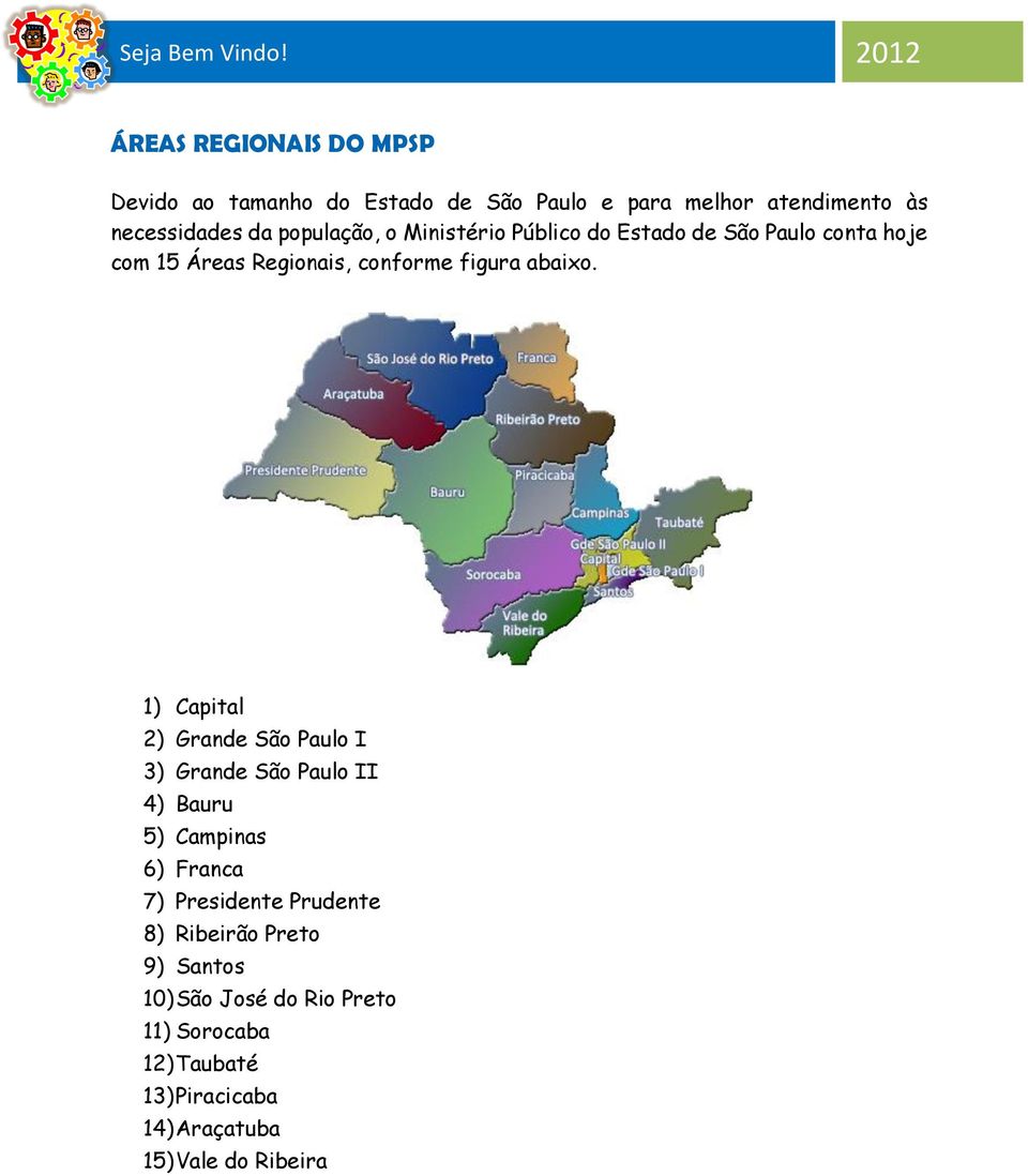 1) Capital 2) Grande São Paulo I 3) Grande São Paulo II 4) Bauru 5) Campinas 6) Franca 7) Presidente Prudente 8)