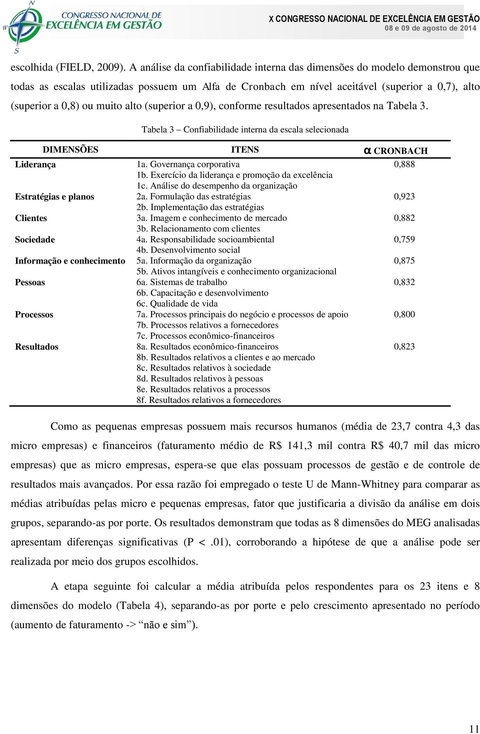 alto (superior a 0,9), conforme resultados apresentados na Tabela 3. Tabela 3 Confiabilidade interna da escala selecionada DIMENSÕES ITENS α CRONBACH Liderança 1a. Governança corporativa 0,888 1b.