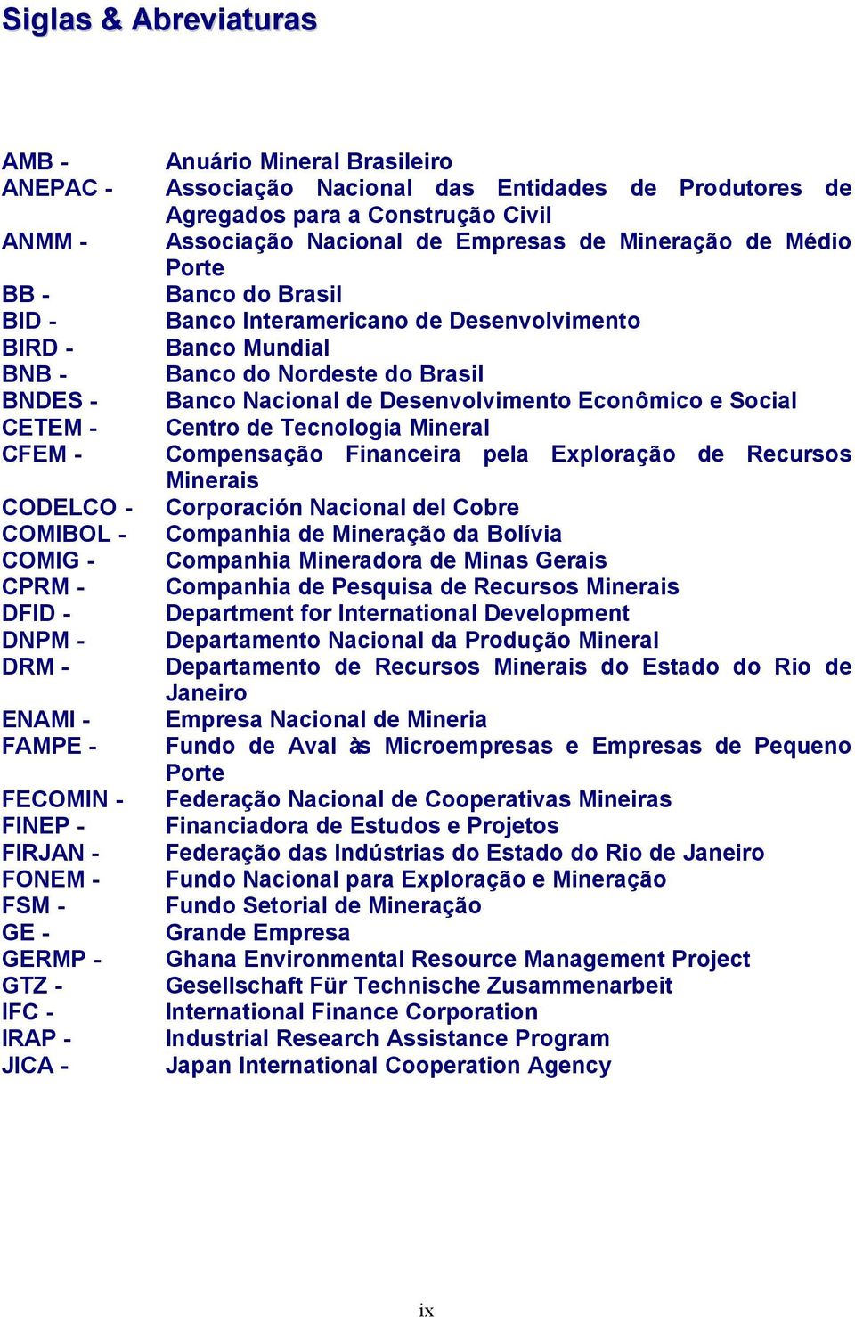 Mineração de Médio Porte Banco do Brasil Banco Interamericano de Desenvolvimento Banco Mundial Banco do Nordeste do Brasil Banco Nacional de Desenvolvimento Econômico e Social Centro de Tecnologia