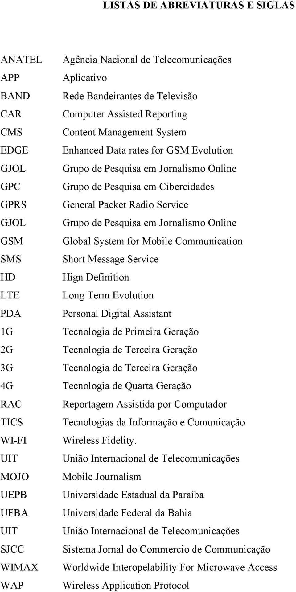 Pesquisa em Cibercidades General Packet Radio Service Grupo de Pesquisa em Jornalismo Online Global System for Mobile Communication Short Message Service Hign Definition Long Term Evolution Personal