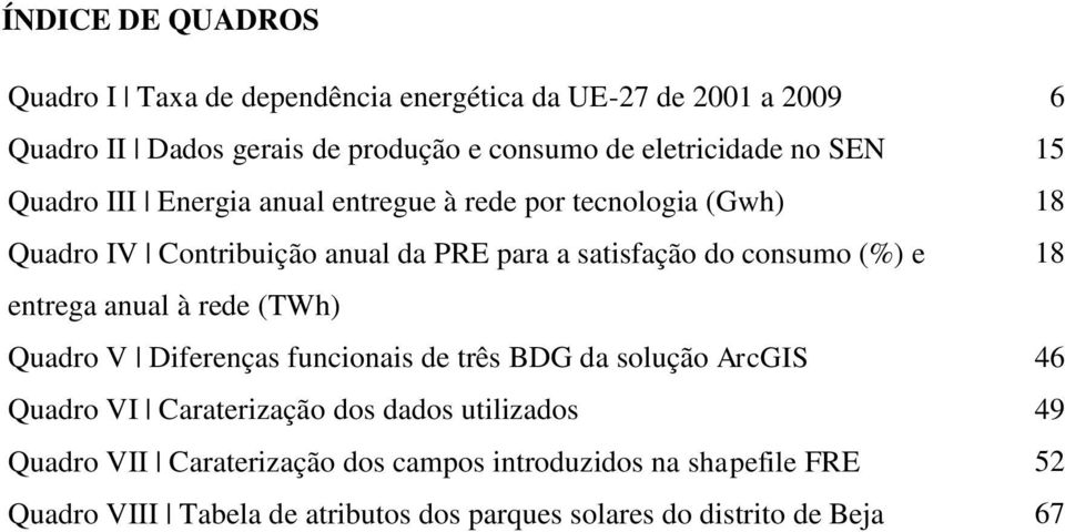 do consumo (%) e 18 entrega anual à rede (TWh) Quadro V Diferenças funcionais de três BDG da solução ArcGIS 46 Quadro VI Caraterização dos