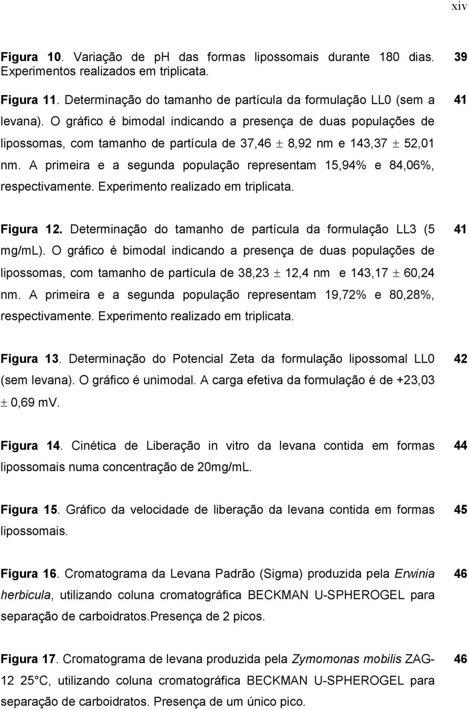 A primeira e a segunda população representam 15,94% e 84,06%, respectivamente. Experimento realizado em triplicata. 39 41 Figura 12. Determinação do tamanho de partícula da formulação LL3 (5 mg/ml).