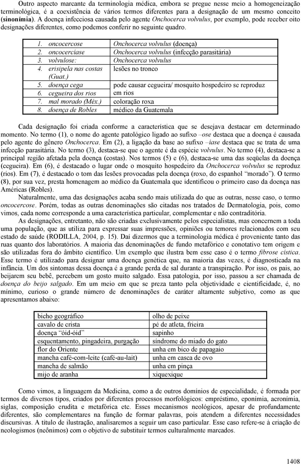 oncocercose Onchocerca volvulus (doença) 2. oncocercíase Onchocerca volvulus (infecção parasitária) 3. volvulose: Onchocerca volvulus 4. erisipela nas costas lesões no tronco (Guat.) 5.