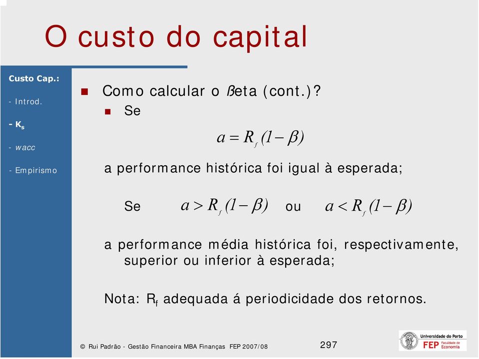 Se ou a < R f ( 1 β ) a performance média histórica foi, respectivamente,