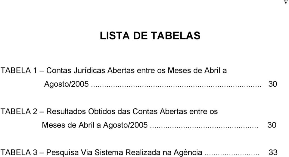 .. 30 TABELA 2 Resultados Obtidos das Contas Abertas entre .