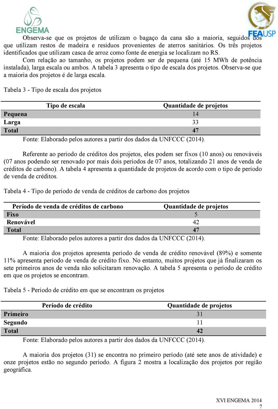 Com relação ao tamanho, os projetos podem ser de pequena (até 15 MWh de potência instalada), larga escala ou ambos. A tabela 3 apresenta o tipo de escala dos projetos.