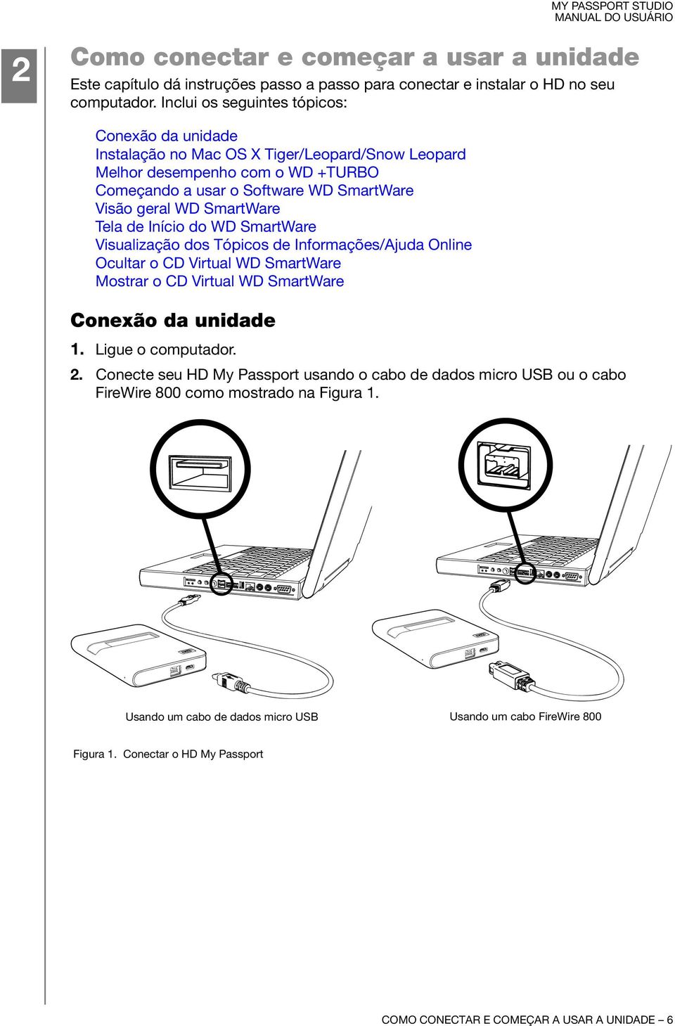 SmartWare Tela de Início do WD SmartWare Visualização dos Tópicos de Informações/Ajuda Online Ocultar o CD Virtual WD SmartWare Mostrar o CD Virtual WD SmartWare Conexão da unidade 1.