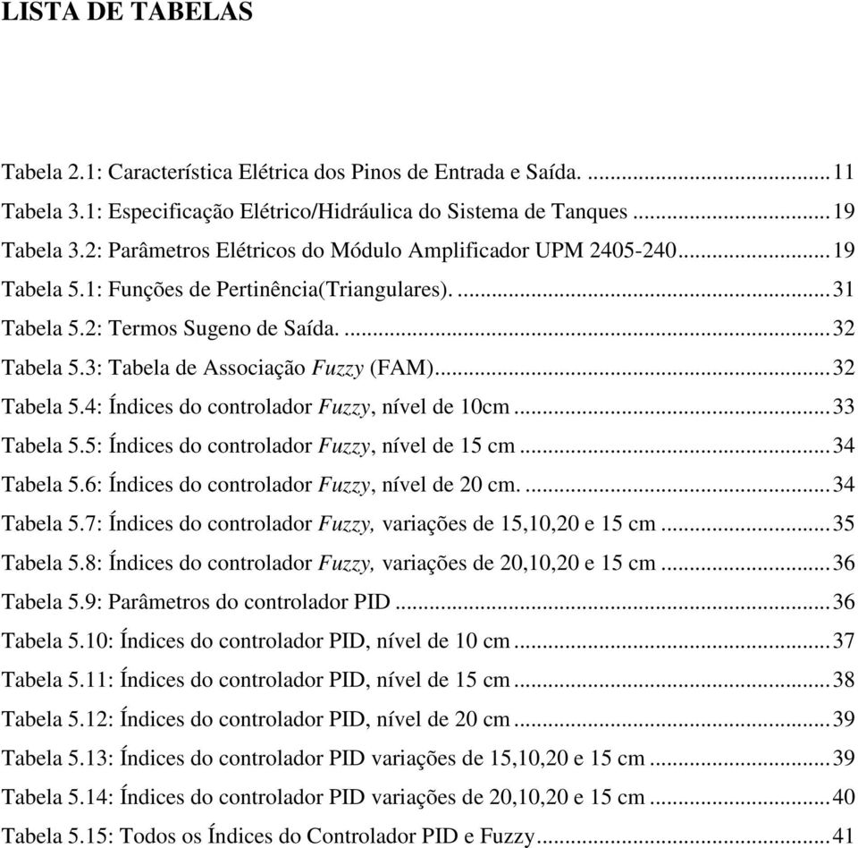 3: Tabela de Associação Fuzzy (FAM)... 32 Tabela 5.4: Índices do controlador Fuzzy, nível de 10cm... 33 Tabela 5.5: Índices do controlador Fuzzy, nível de 15 cm... 34 Tabela 5.