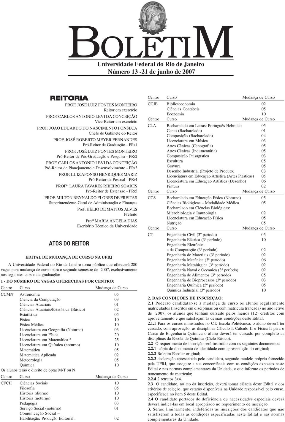 JOSÉ LUIZ FONTES MONTEIRO Pró-Reitor de Pós-Graduação e Pesquisa - PR/2 PROF. CARLOS ANTONIO LEVI DA CONCEIÇÃO Pró-Reitor de Planejamento e Desenvolvimento - PR/3 PROF.