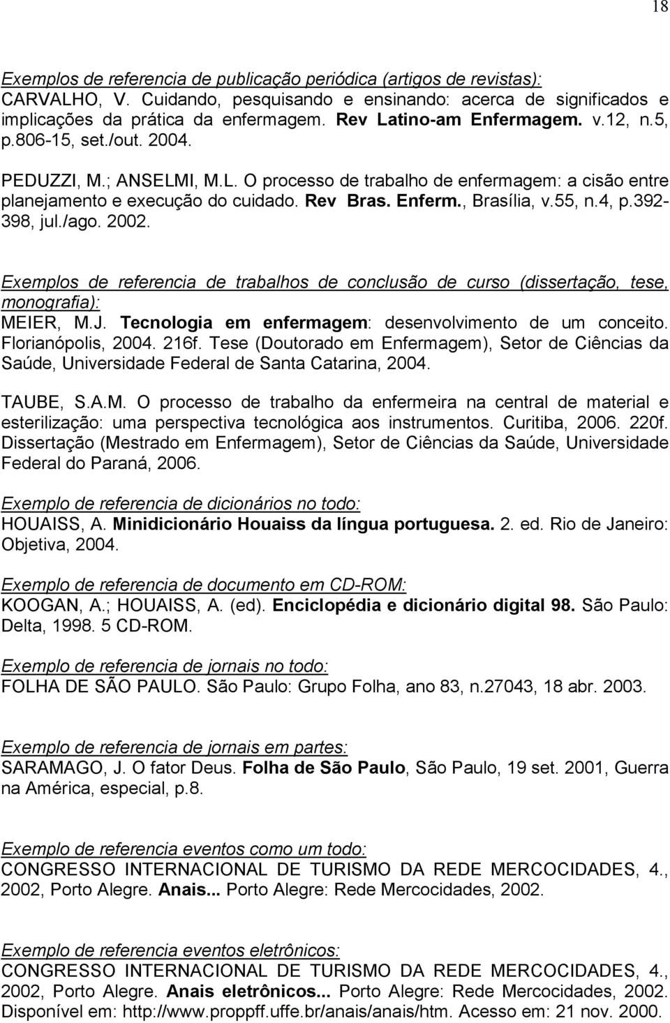 55, n.4, p.392-398, jul./ago. 2002. Exemplos de referencia de trabalhos de conclusão de curso (dissertação, tese, monografia): MEIER, M.J. Tecnologia em enfermagem: desenvolvimento de um conceito.