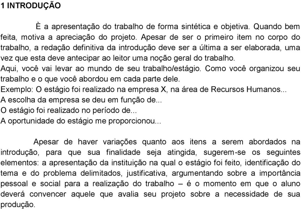 Aqui, você vai levar ao mundo de seu trabalho/estágio. Como você organizou seu trabalho e o que você abordou em cada parte dele.