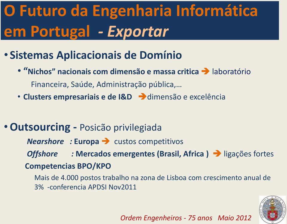 Outsourcing - Posicão privilegiada Nearshore : Europa custos competitivos Offshore Competencias BPO/KPO : Mercados emergentes