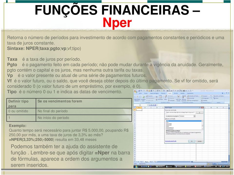 Geralmente, pgto contém o capital e os juros, mas nenhuma outra tarifa ou taxas. Vp é o valor presente ou atual de uma série de pagamentos futuros.