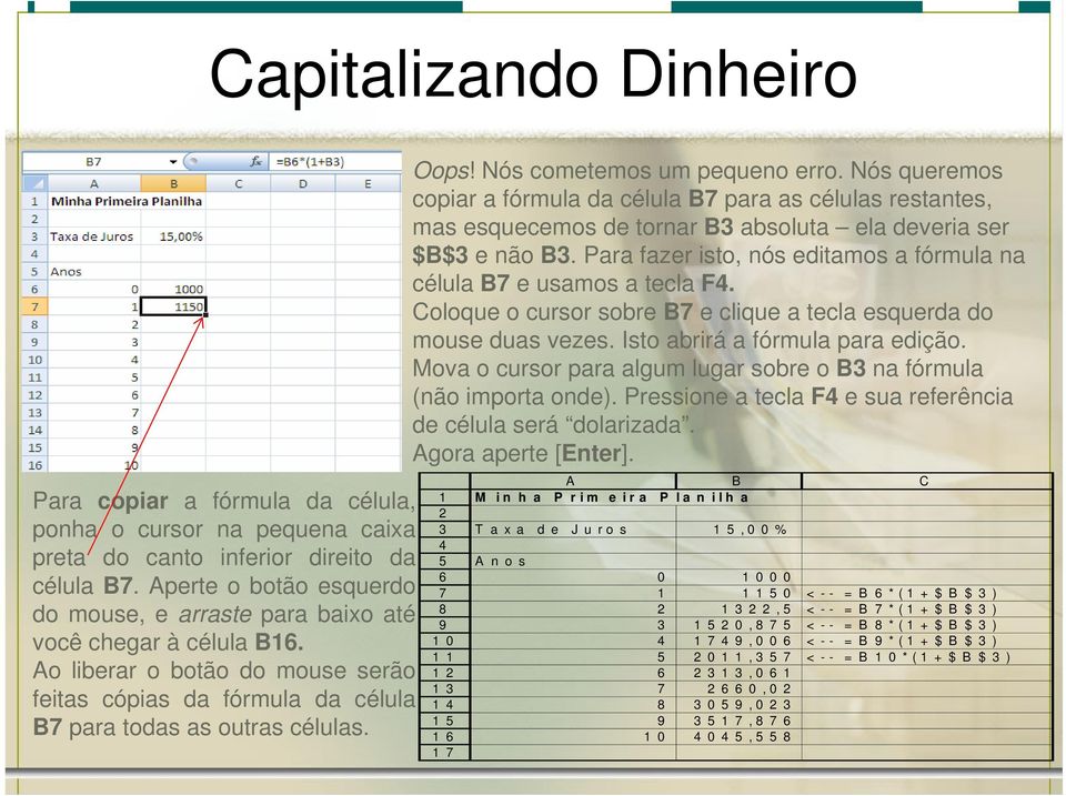 Nós cometemos um pequeno erro. Nós queremos copiar a fórmula da célula B7 para as células restantes, mas esquecemos de tornar B3 absoluta ela deveria ser $B$3 e não B3.