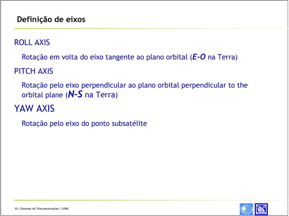 plano orbital perpendicular to the orbital plane (N-S na Terra) YAW AXIS