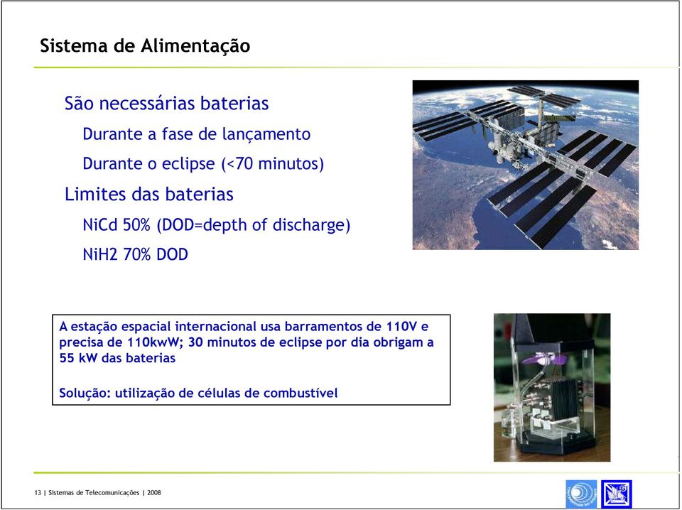 espacial internacional usa barramentos de 110V e precisa de 110kwW; 30 minutos de eclipse por dia