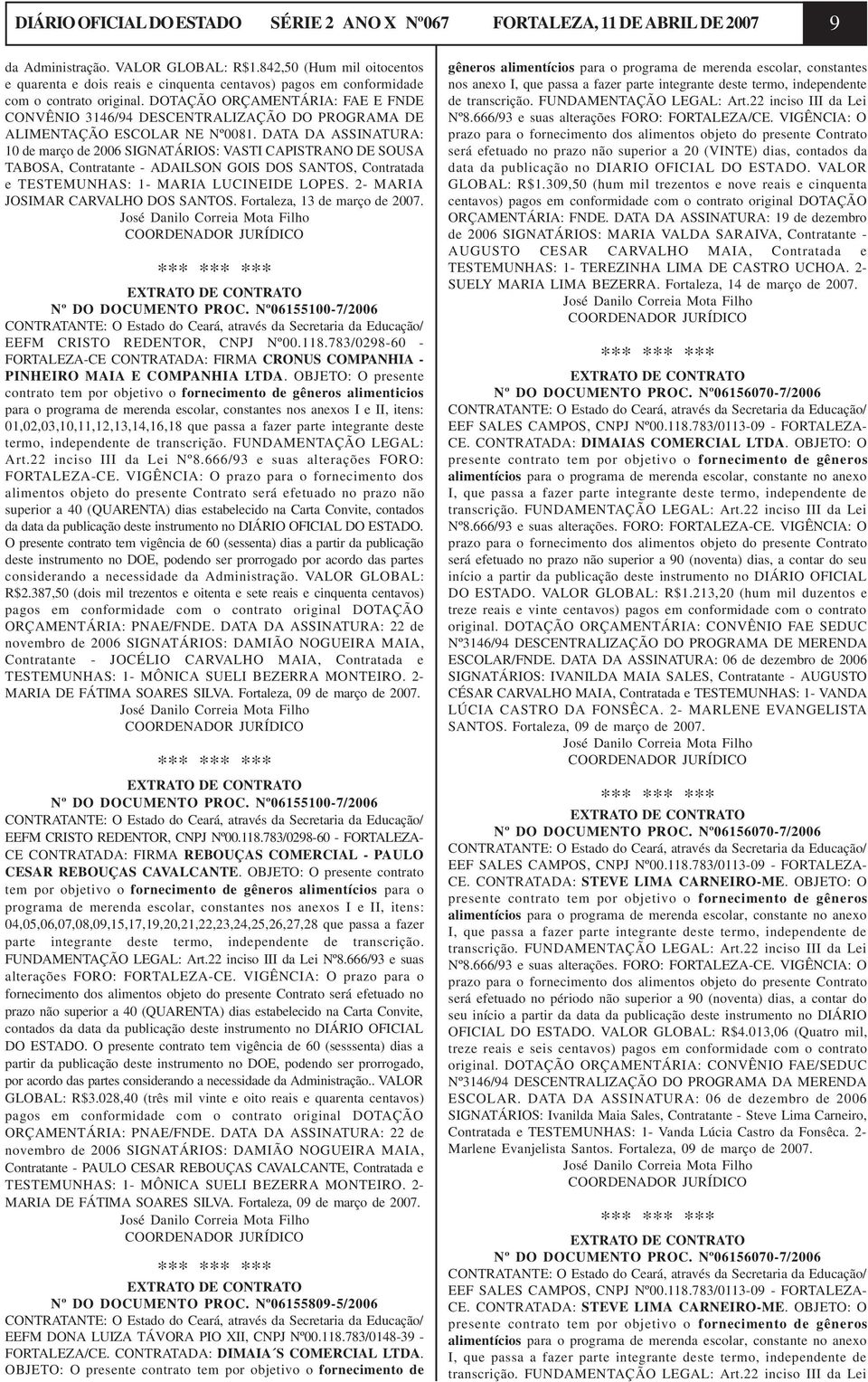 DOTAÇÃO ORÇAMENTÁRIA: FAE E FNDE CONVÊNIO 3146/94 DESCENTRALIZAÇÃO DO PROGRAMA DE ALIMENTAÇÃO ESCOLAR NE Nº0081.