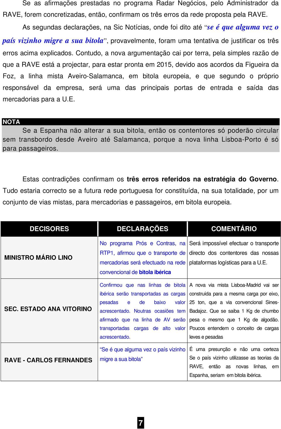 Contudo, a nova argumentação cai por terra, pela simples razão de que a RAVE está a projectar, para estar pronta em 2015, devido aos acordos da Figueira da Foz, a linha mista Aveiro-Salamanca, em