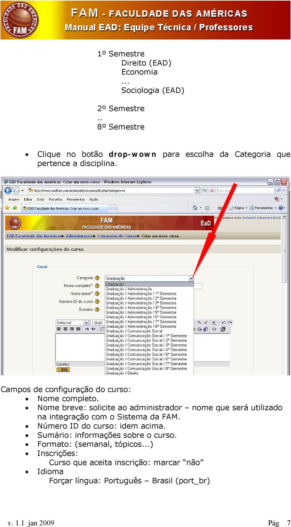 Campos de configuração do curso: Nome completo.