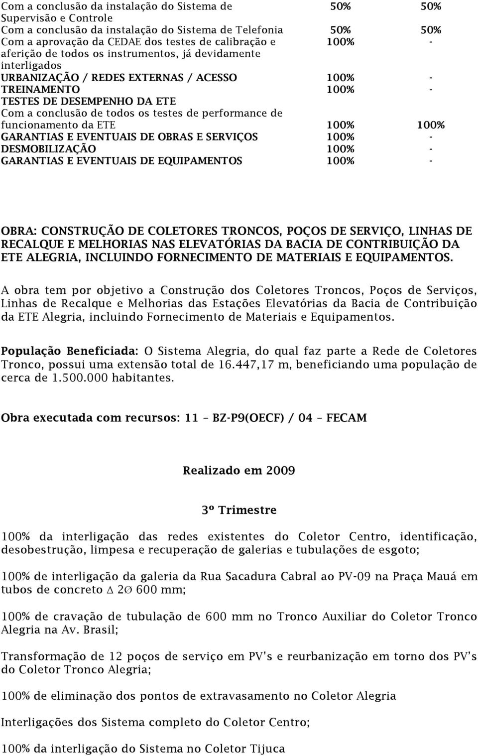 funcionamento da ETE 100% 100% GARANTIAS E EVENTUAIS DE OBRAS E SERVIÇOS 100% - DESMOBILIZAÇÃO 100% - GARANTIAS E EVENTUAIS DE EQUIPAMENTOS 100% - - OBRA: CONSTRUÇÃO DE COLETORES TRONCOS, POÇOS DE