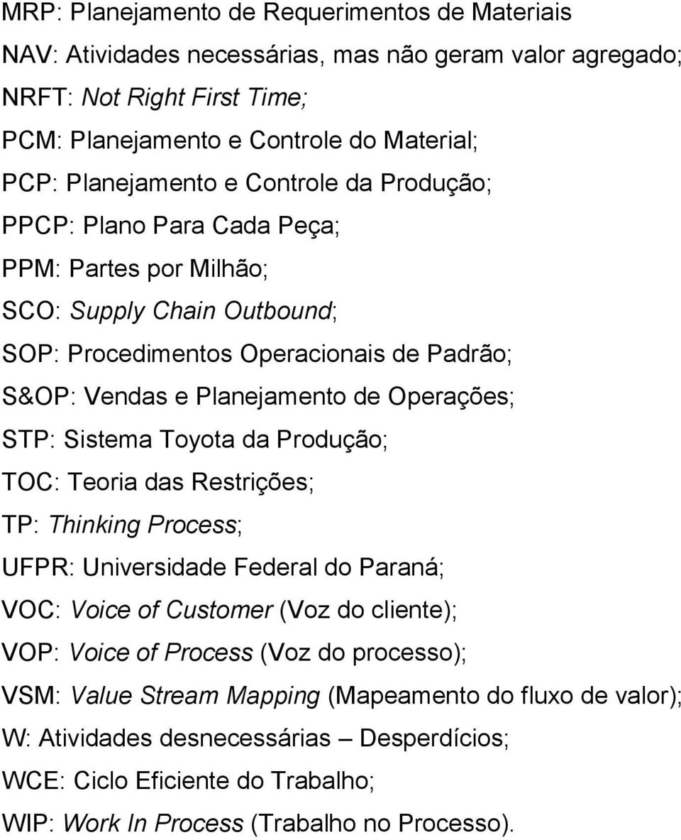 Operações; STP: Sistema Toyota da Produção; TOC: Teoria das Restrições; TP: Thinking Process; UFPR: Universidade Federal do Paraná; VOC: Voice of Customer (Voz do cliente); VOP: Voice of