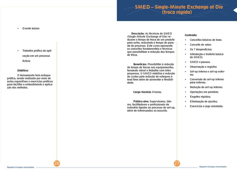 Descrição: As técnicas de SMED (Single-Minute Exchange of Die) reduzem o tempo de troca de um produto para outro, reduzindo o tempo de parada do processo.