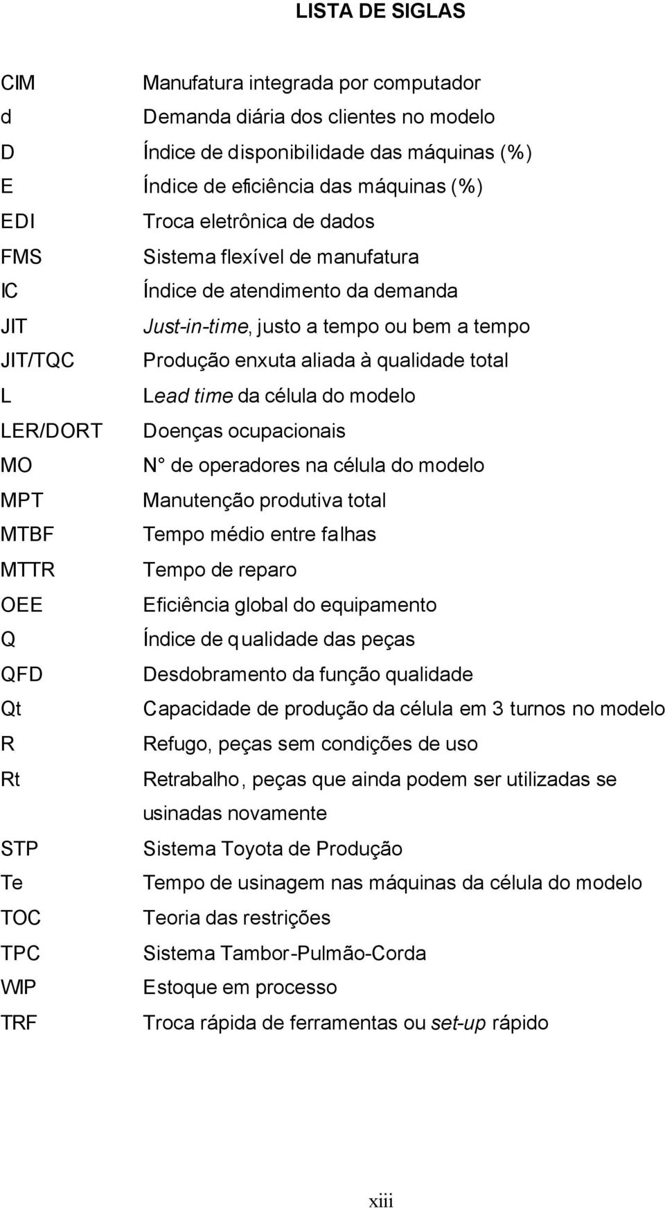 modelo LER/DORT Doenças ocupacionais MO N de operadores na célula do modelo MPT Manutenção produtiva total MTBF Tempo médio entre falhas MTTR Tempo de reparo OEE Eficiência global do equipamento Q