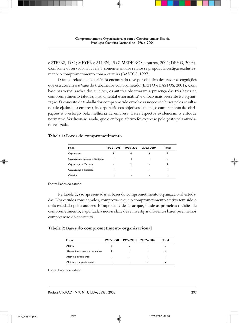 O único relato de experiência encontrado teve por objetivo descrever as cognições que estruturam o schema do trabalhador comprometido (BRITO e BASTOS, 2001).