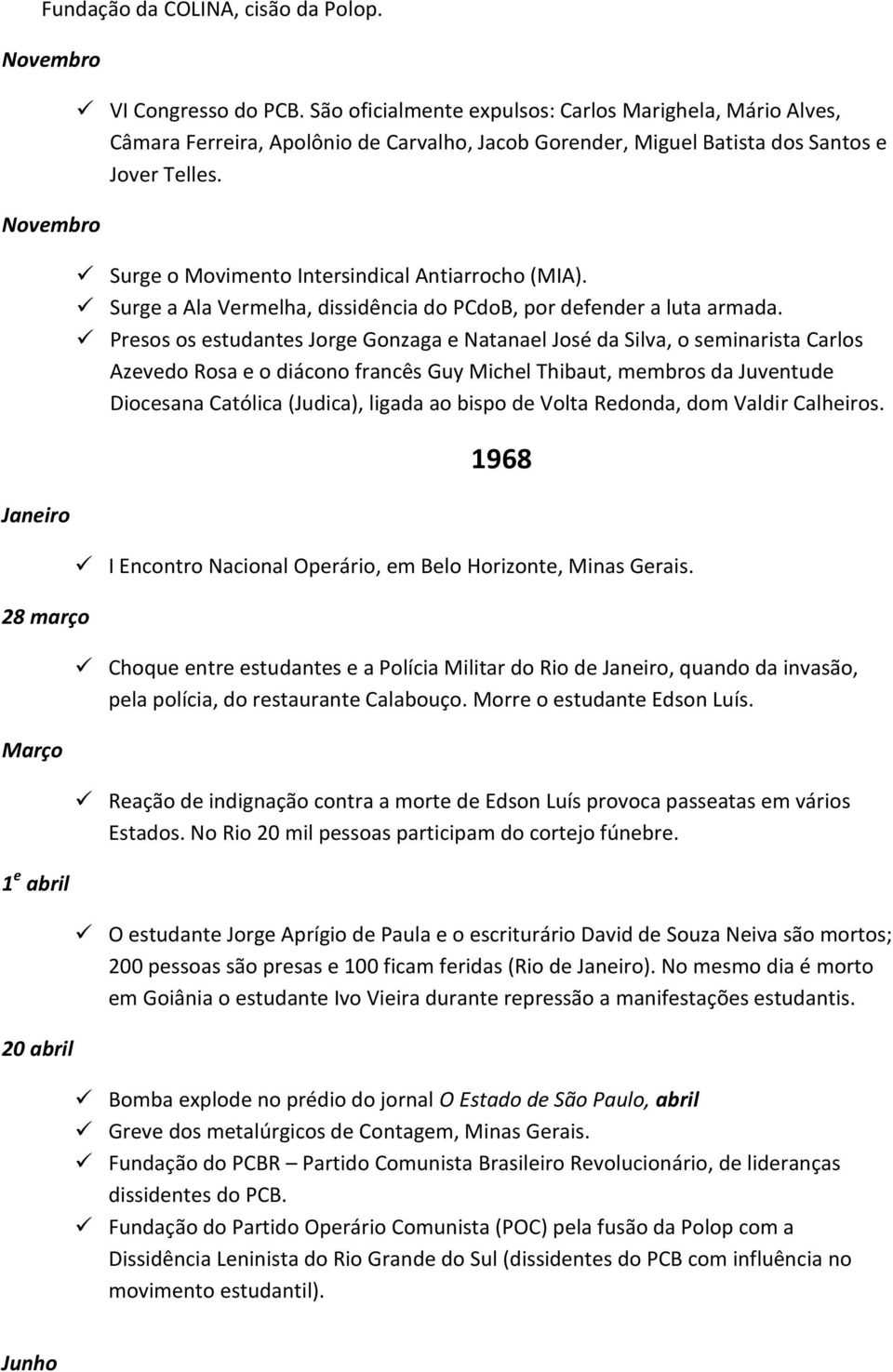 Surge o Movimento Intersindical Antiarrocho (MIA). Surge a Ala Vermelha, dissidência do PCdoB, por defender a luta armada.