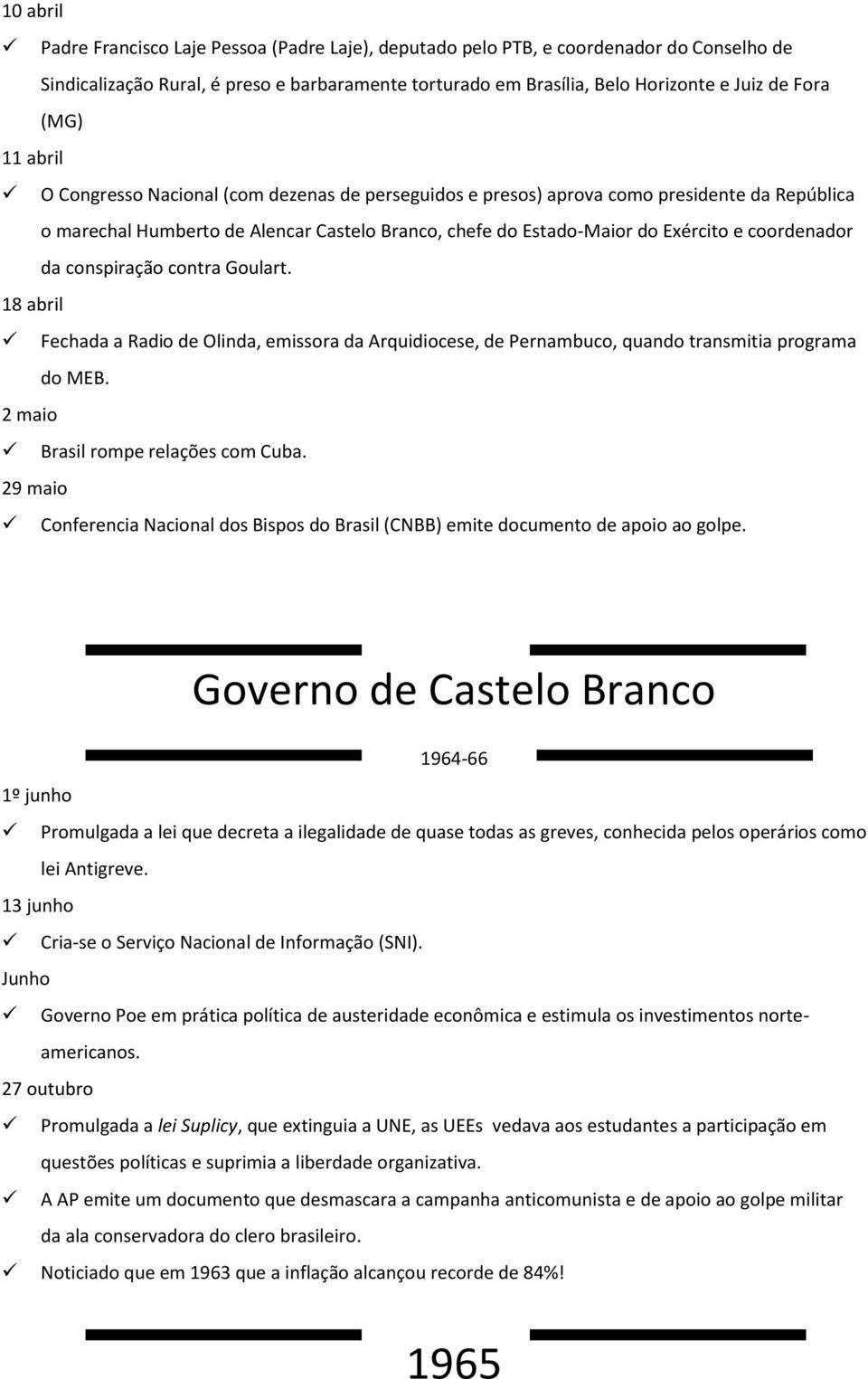 coordenador da conspiração contra Goulart. 18 abril Fechada a Radio de Olinda, emissora da Arquidiocese, de Pernambuco, quando transmitia programa do MEB. 2 maio Brasil rompe relações com Cuba.