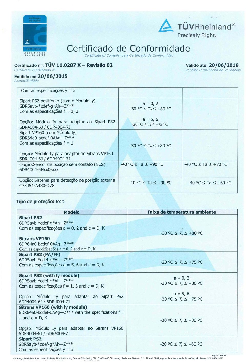 adaptar ao Sipart PS2 6DR4004-6J / 6DR4004-7J Sipart VP60 (com Módulo ly) 6DR64a0-bcdef-OAAg-Z*** Com as especificações f = a= O, 2-30 ºC:::; Ta:::; +80 ºC a= 5, 6-20 ºC :S Ta :S +75 C -30 ºC :::;