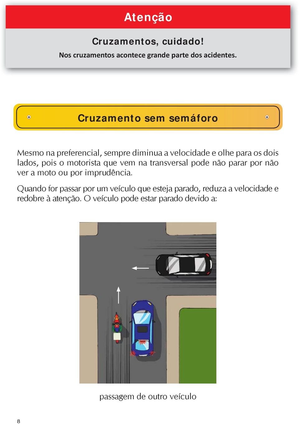 motorista que vem na transversal pode não parar por não ver a moto ou por imprudência.