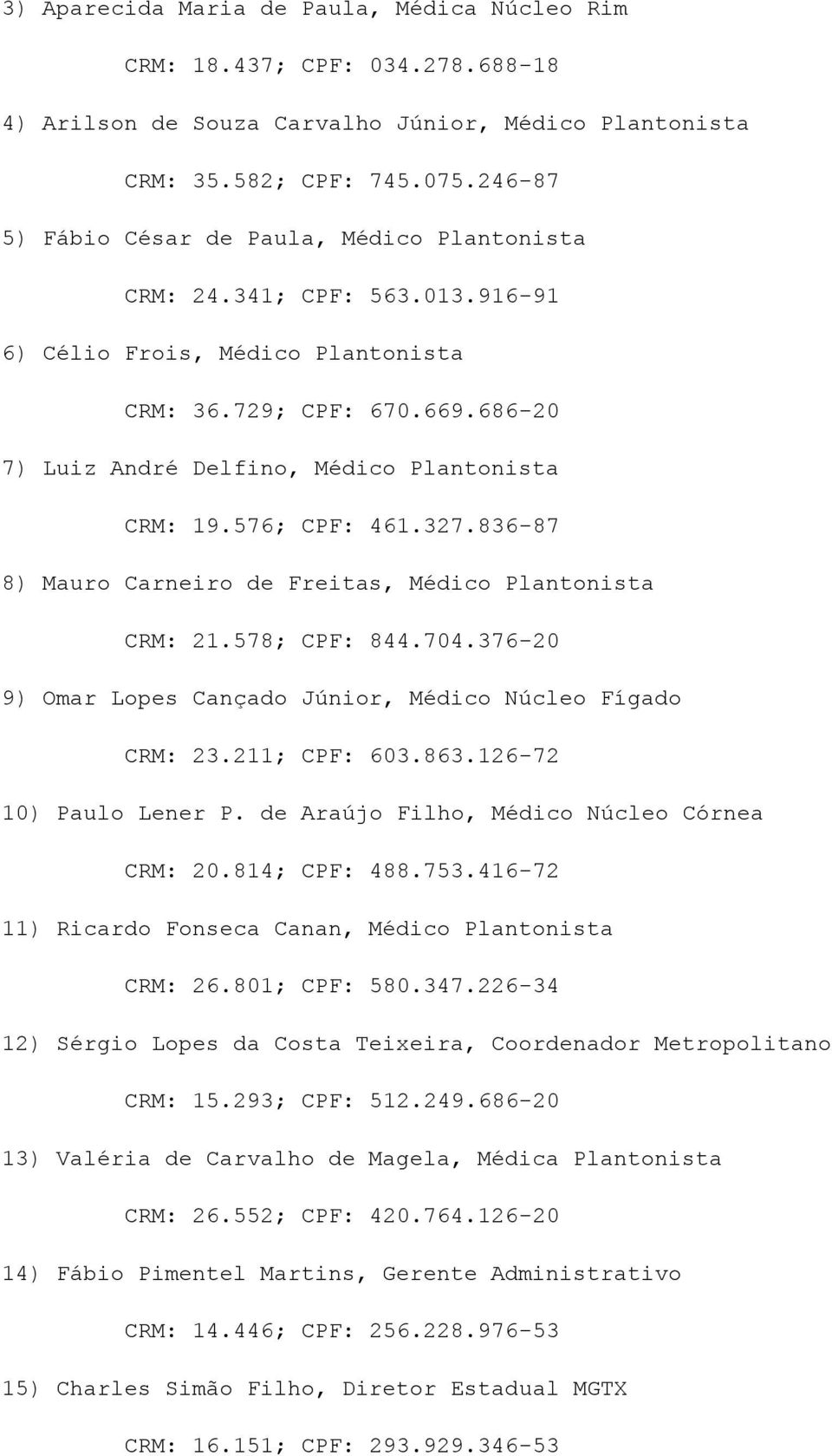 686-20 7) Luiz André Delfino, Médico Plantonista CRM: 19.576; CPF: 461.327.836-87 8) Mauro Carneiro de Freitas, Médico Plantonista CRM: 21.578; CPF: 844.704.