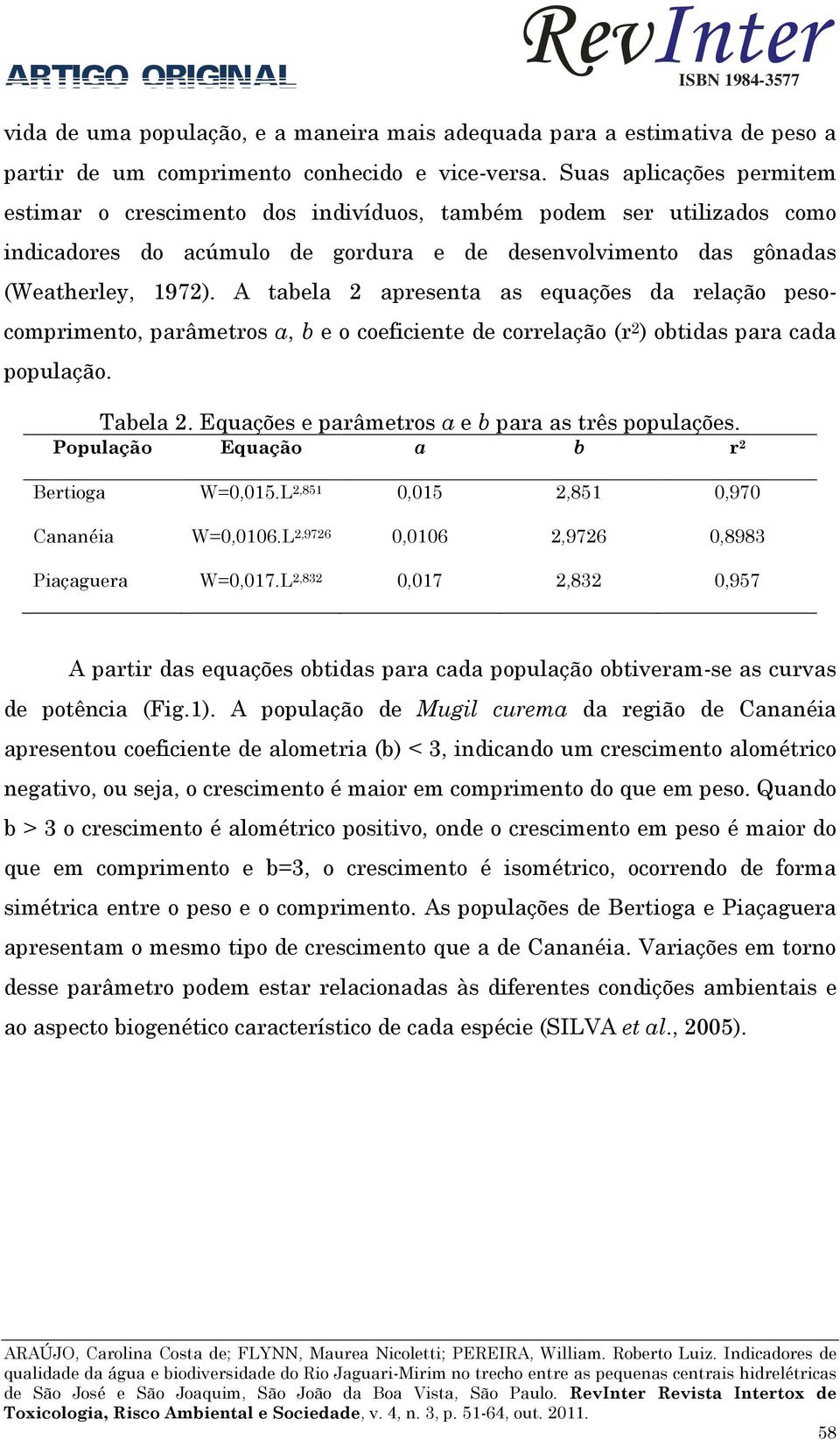 A tabela 2 apresenta as equações da relação pesocomprimento, parâmetros a, b e o coeficiente de correlação (r 2 ) obtidas para cada população. Tabela 2.