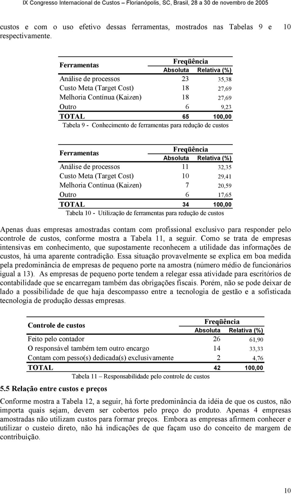 custos Ferramentas Análise de processos 11 32,35 Custo Meta (Target Cost) 10 29,41 Melhoria Contínua (Kaizen) 7 20,59 Outro 6 17,65 TOTAL 34 100,00 Tabela 10 - Utilização de ferramentas para redução