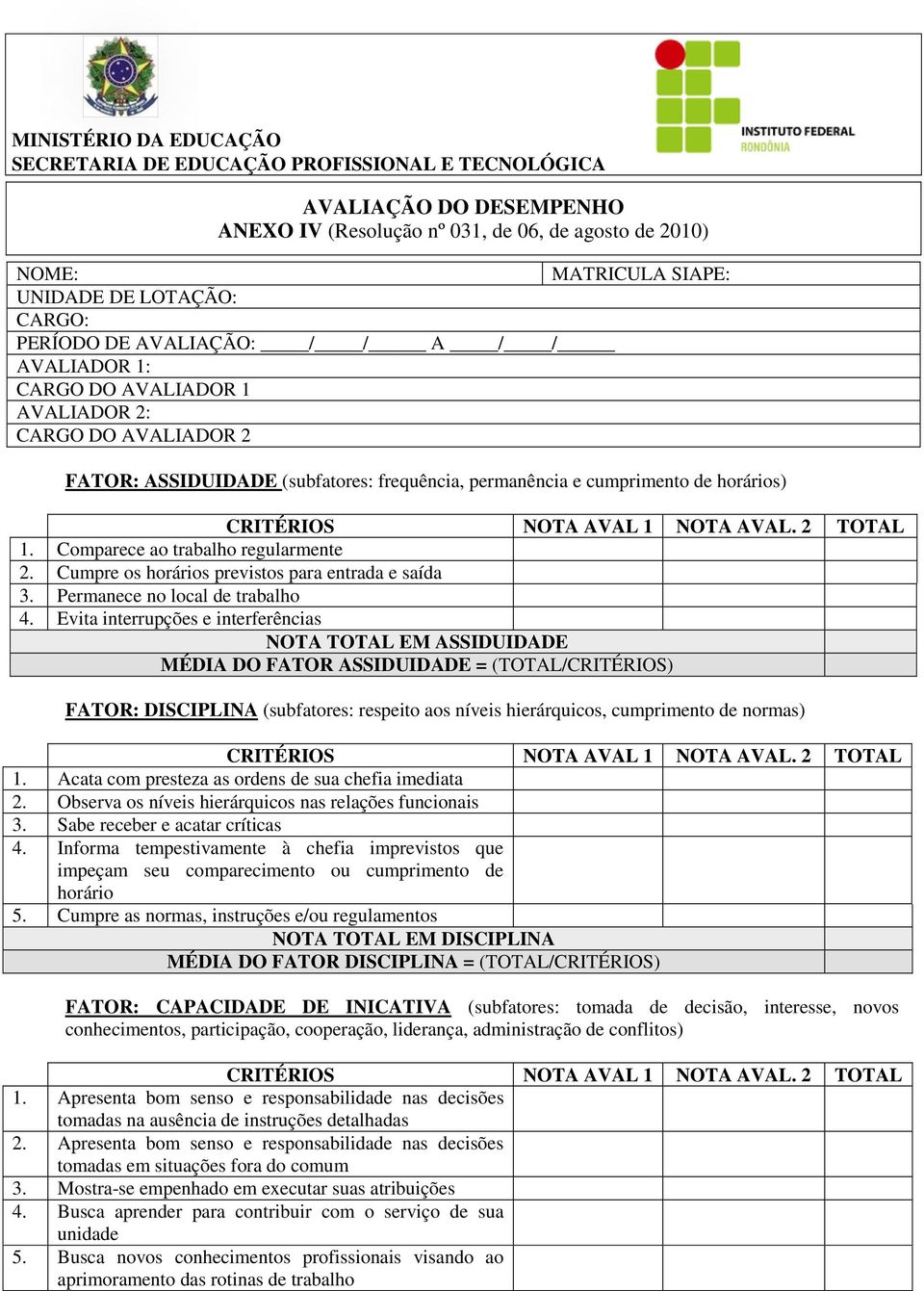 NOTA AVAL 1 NOTA AVAL. 2 TOTAL 1. Comparece ao trabalho regularmente 2. Cumpre os horários previstos para entrada e saída 3. Permanece no local de trabalho 4.